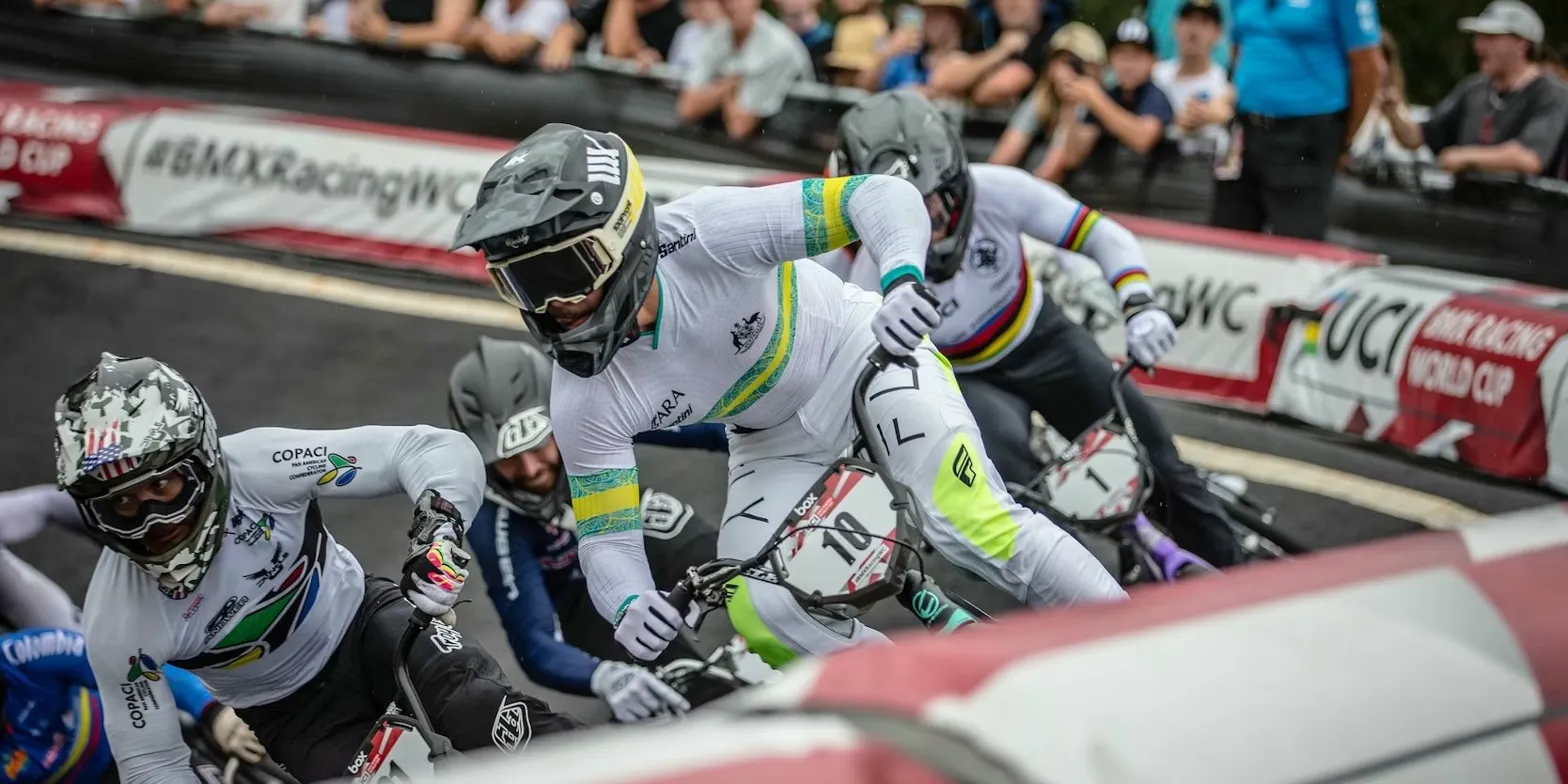 Elite BMX race action in turn